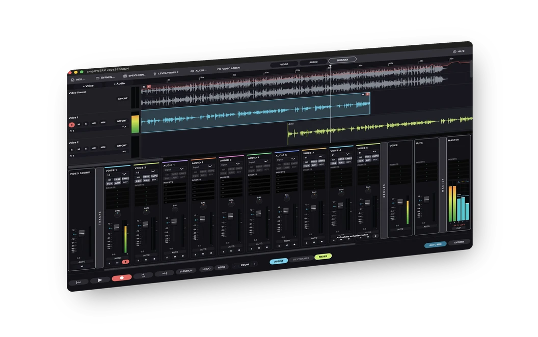voyzSESSION PRO: Mischpult mit Voice-, Audio- und Gruppenkanaelen, Timeline mit Wellenformen